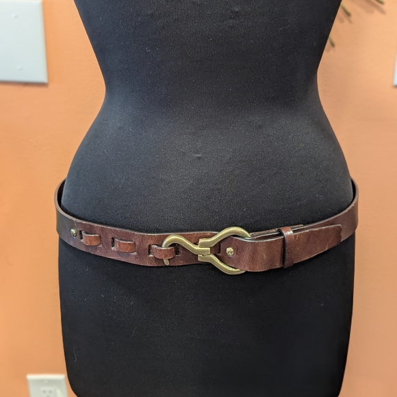 Vintage Brown Leather Belt Hook Buckle Boho Chic Genuine Leather - Picture 1 of 14